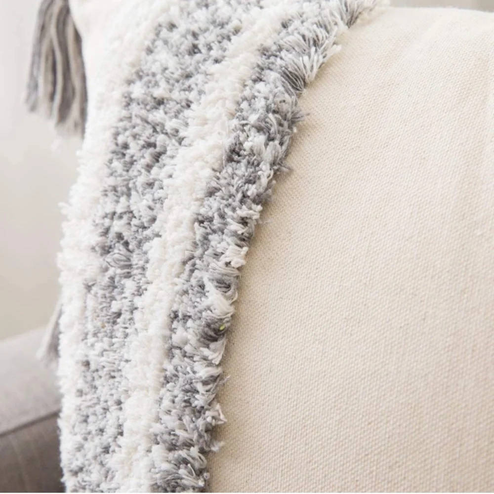 Luxury Home | Oversized Grey Boho Chic Tufted Striped Tassel Trim Pillow Cover